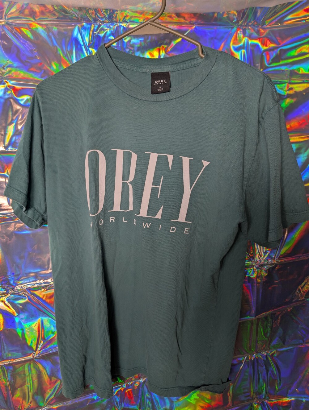 Obey Men’s Teal Green Graphic Tee with White Logo